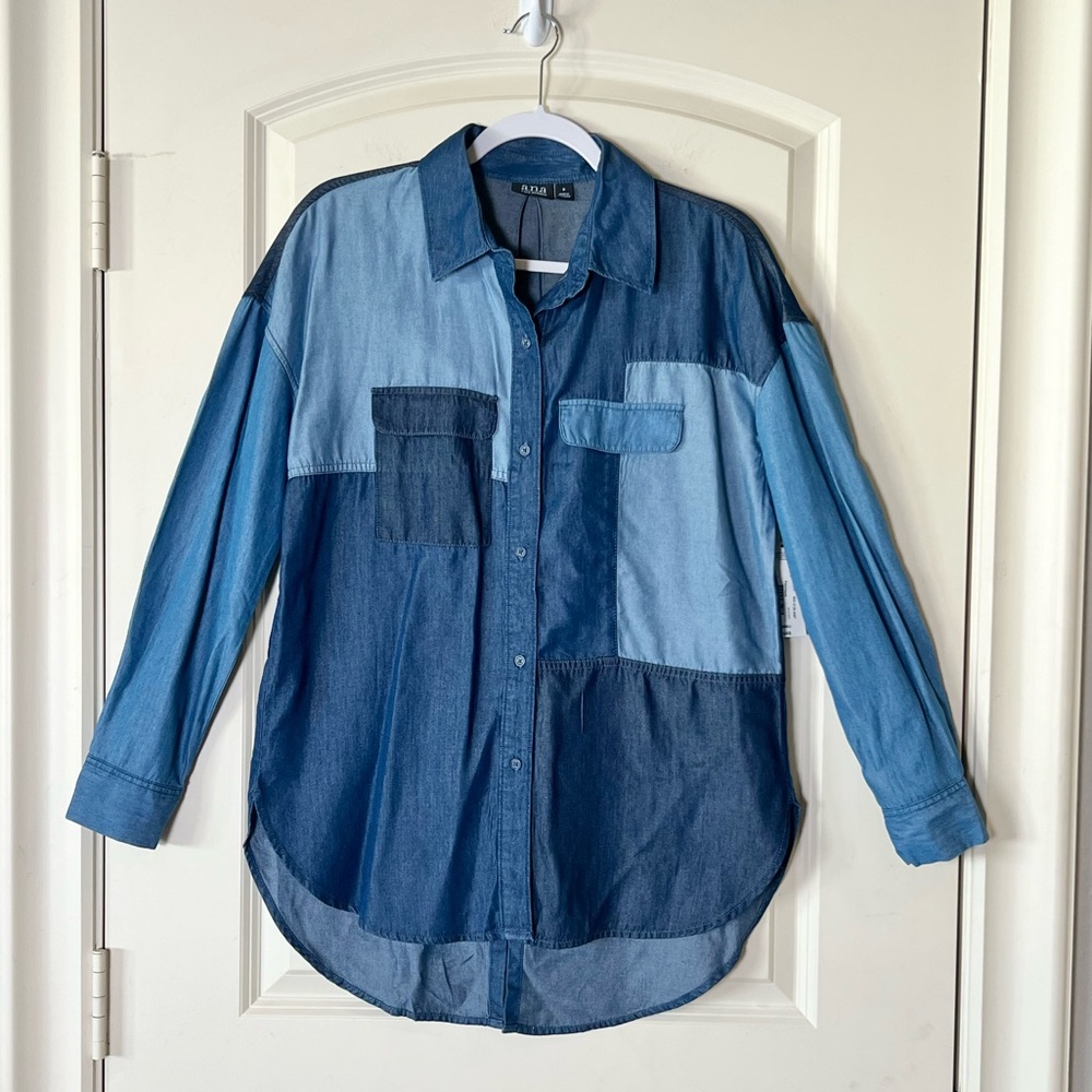 NWT a.n.a. Patchwork Denim Shirt Oversized Blue Colorblock Button Down